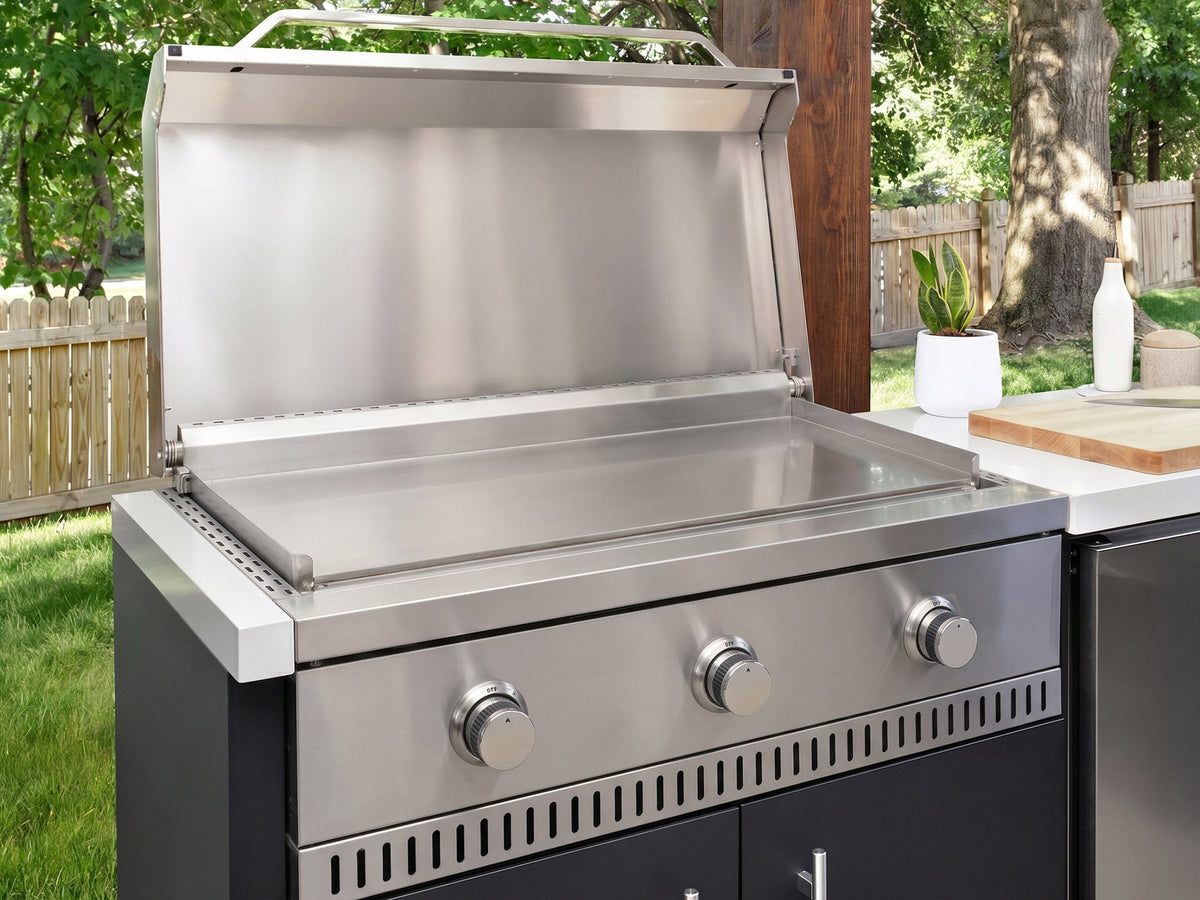 Emory | Corner Outdoor Kitchen Island with Bar Seating & Built-In Griddle – Left