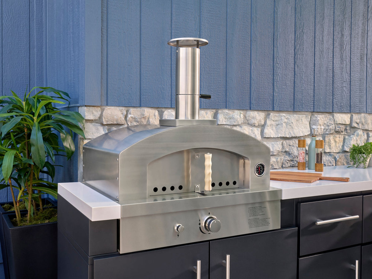 Emory | Corner Outdoor Kitchen Island with Built-In Griddle & Pizza Oven