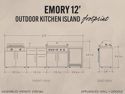 Emory | 12-Foot Outdoor Kitchen Island with Built-In Grill & Griddle