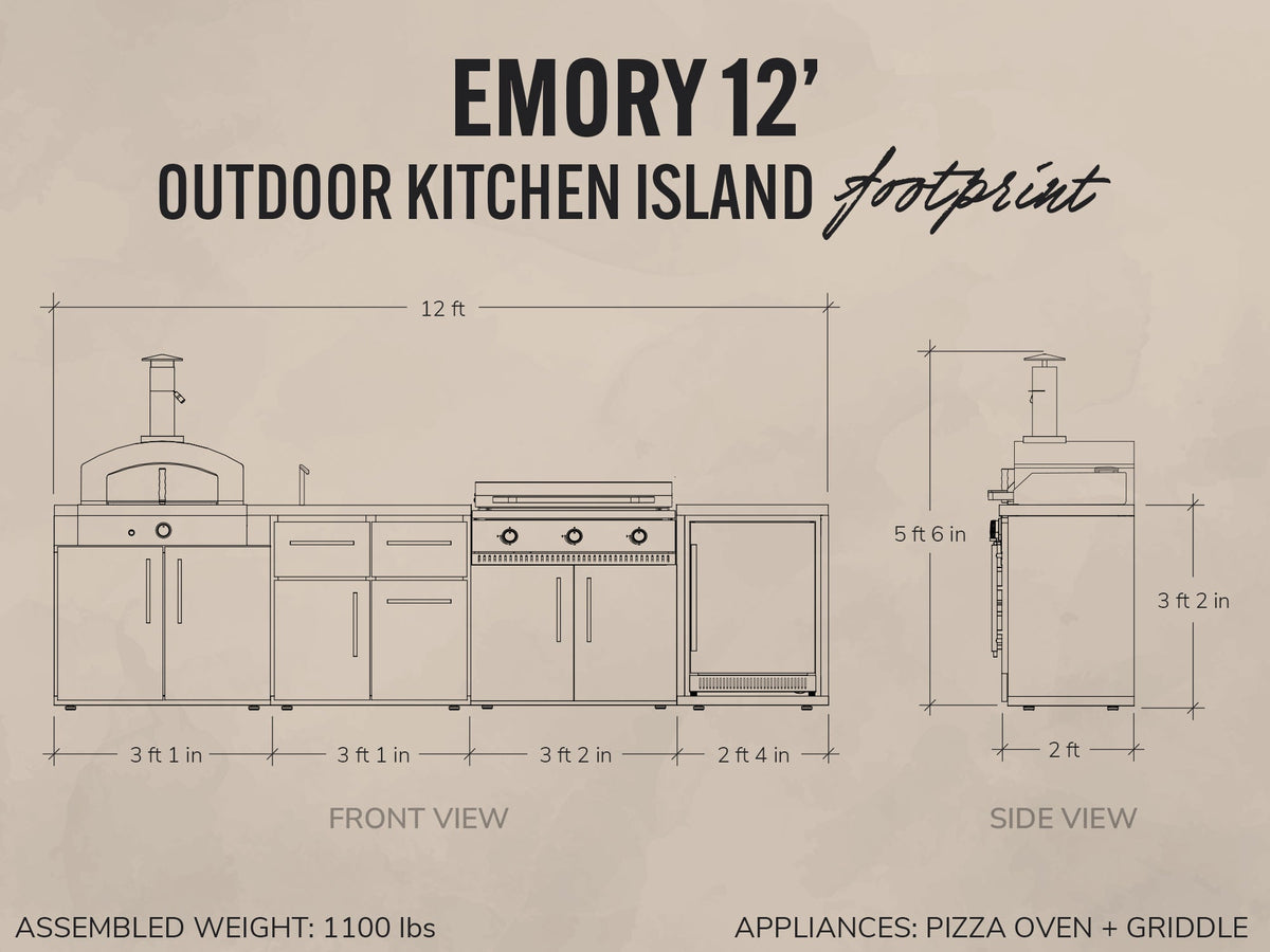 Emory | 12-Foot Outdoor Kitchen Island with Built-In Griddle & Pizza Oven