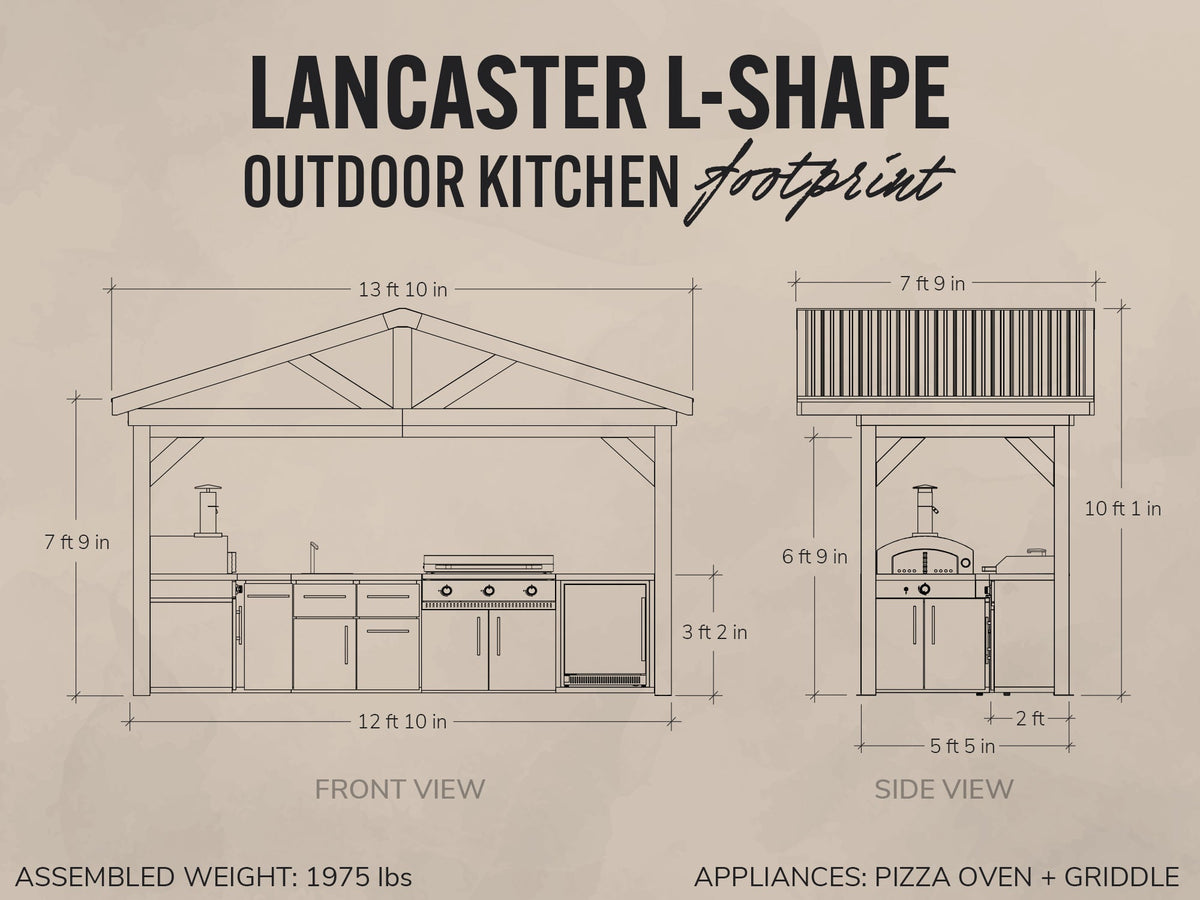 Lancaster | L-Shape Outdoor Kitchen with Built-In Griddle & Pizza Oven