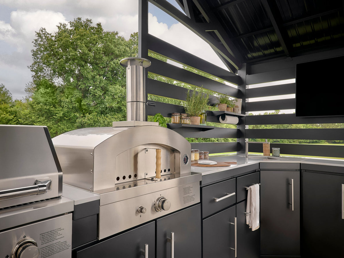 Langston | Covered Walk-In Outdoor Kitchen with Built-In Griddle & Pizza Oven